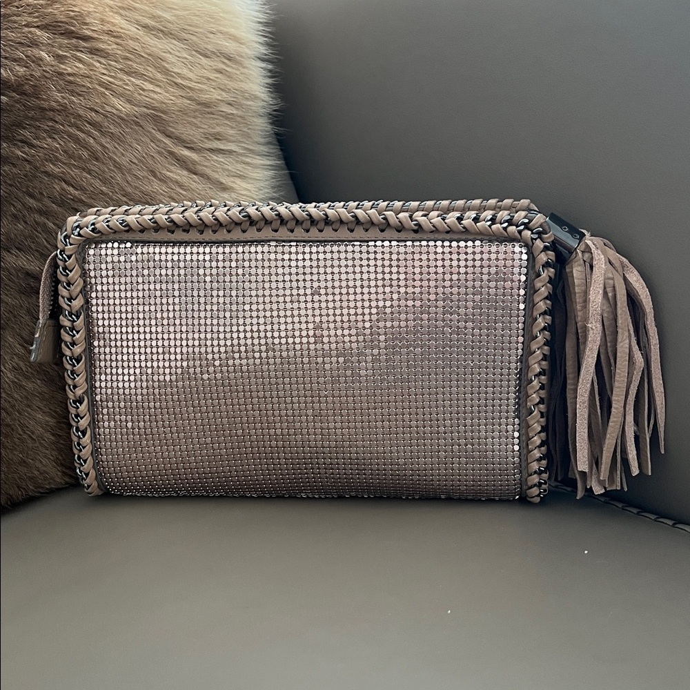 BCBGMaxAzria Metallic Beige Fringe Clutch